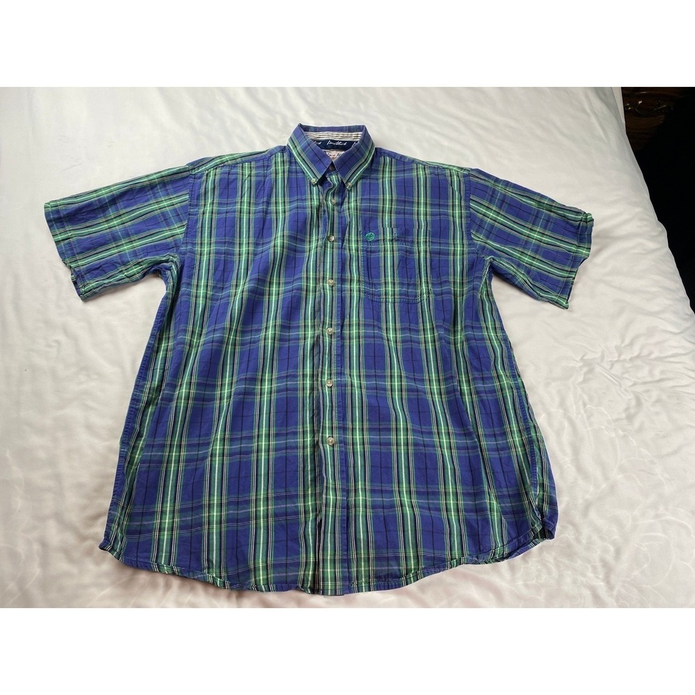Wrangler George Strait Cowboy Cut Plaid Short Sleeve Shirt Blue Green Mens XL‎